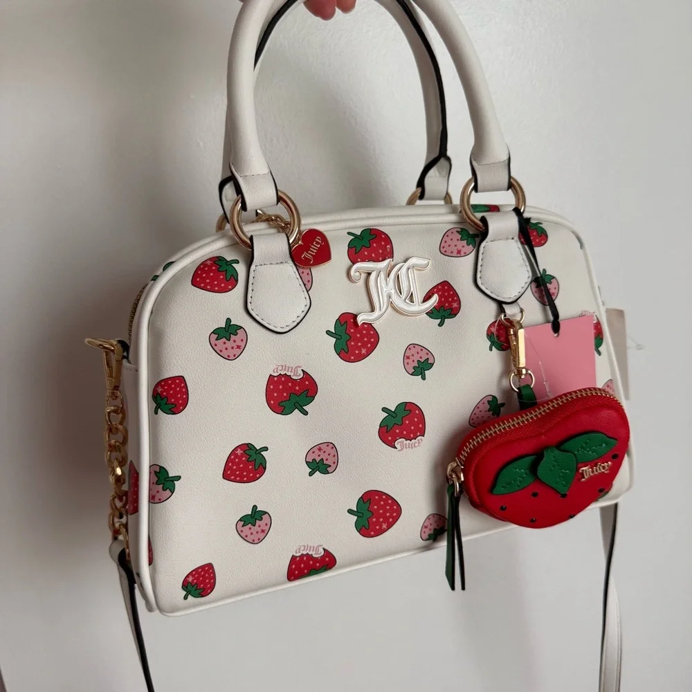 Juicy Couture White Strawberry Print Handbag bowler bag Y2K bag